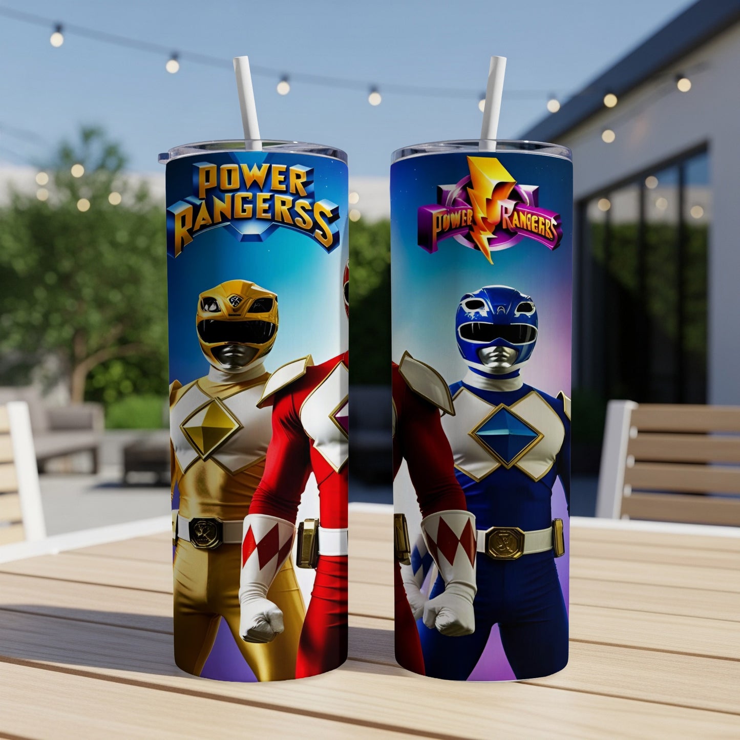 Power Rangers characters in yellow, red, and blue suits on tumblers.