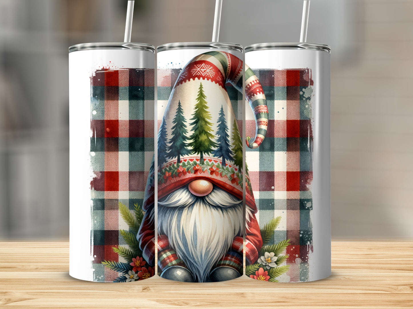 Gnome in a patterned hat with trees and flowers on a plaid background.