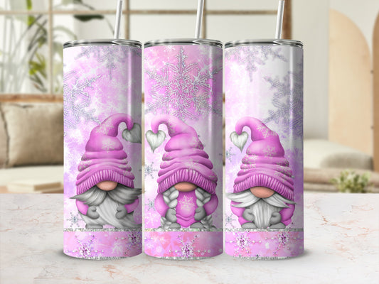 Pink gnomes with snowflakes on a tumbler.