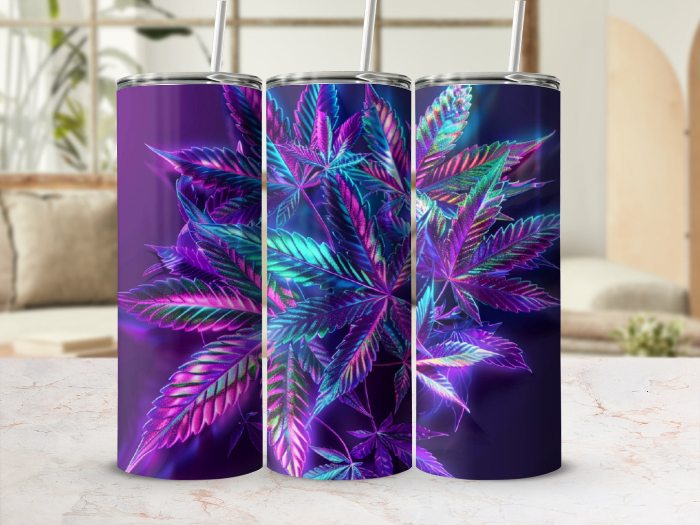 Three tumblers with iridescent cannabis leaves on a dark purple background.