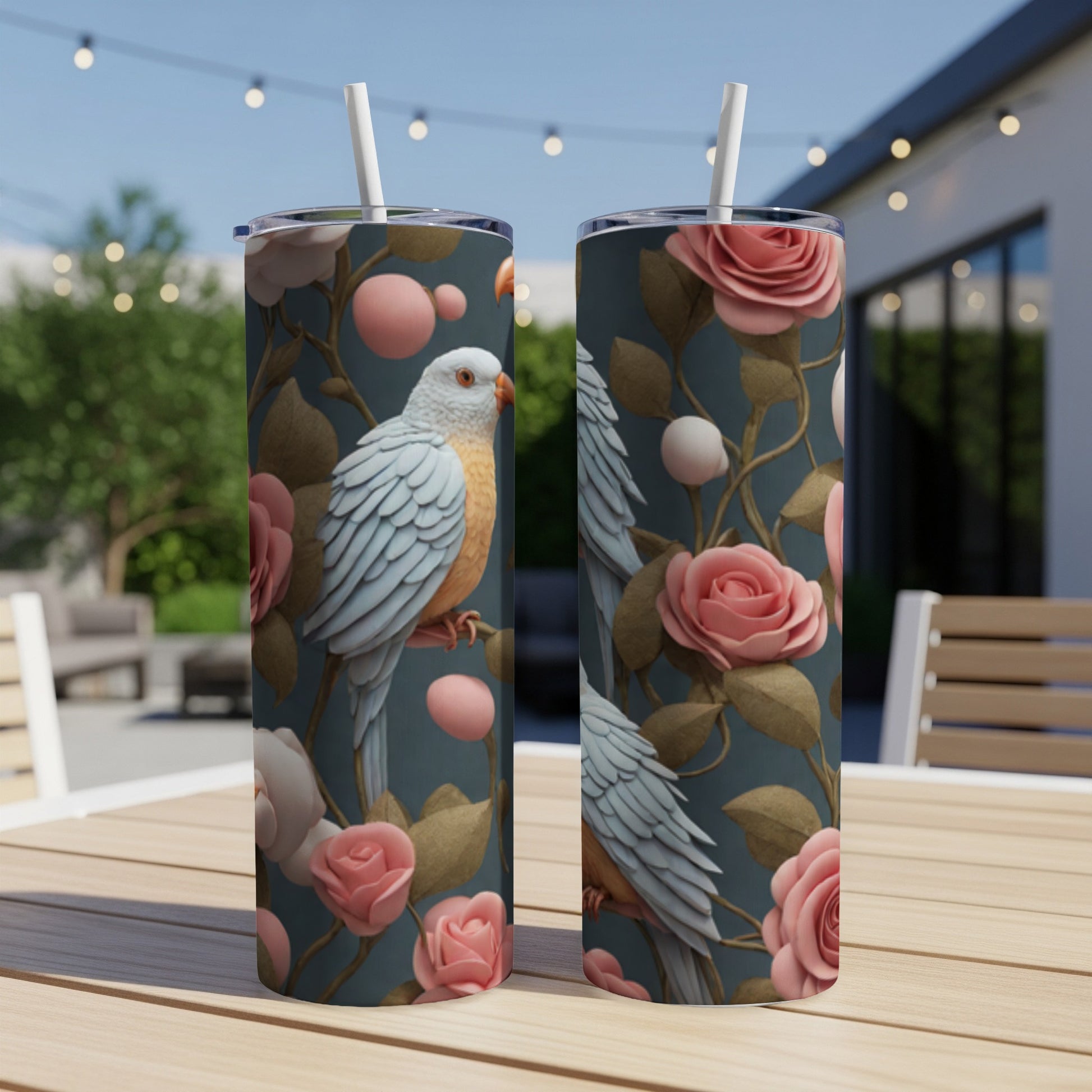 Two tumblers with a blue bird and pink roses design.