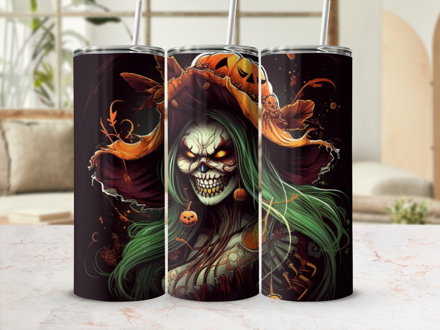 Halloween themed tumbler with spooky witch illustration and jack-o-lantern accents.