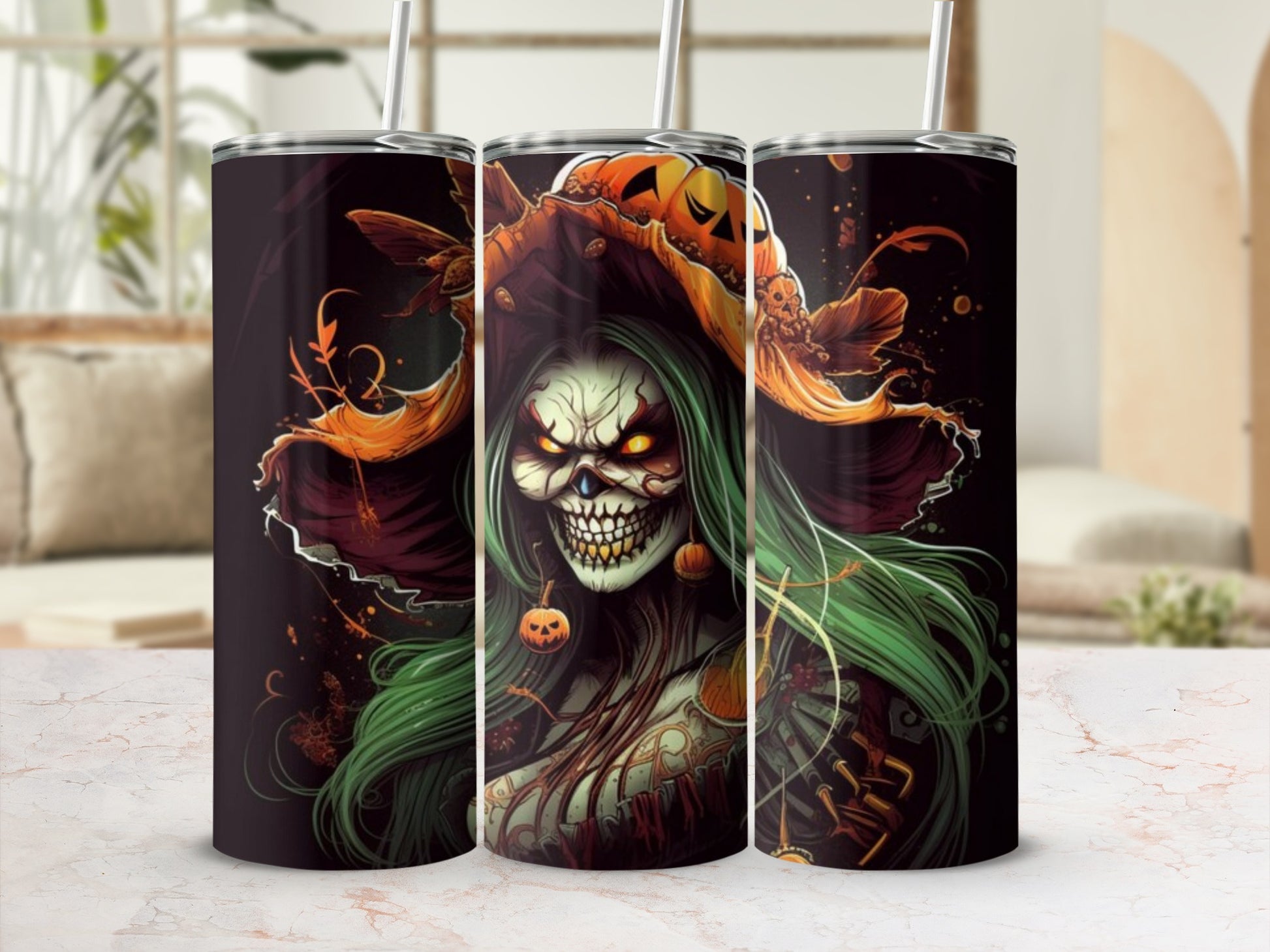 Halloween themed tumbler with spooky witch illustration and jack-o-lantern accents.