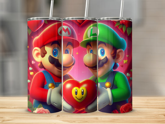 Cute Mario and Luigi Heart Valentines Day themed tumbler