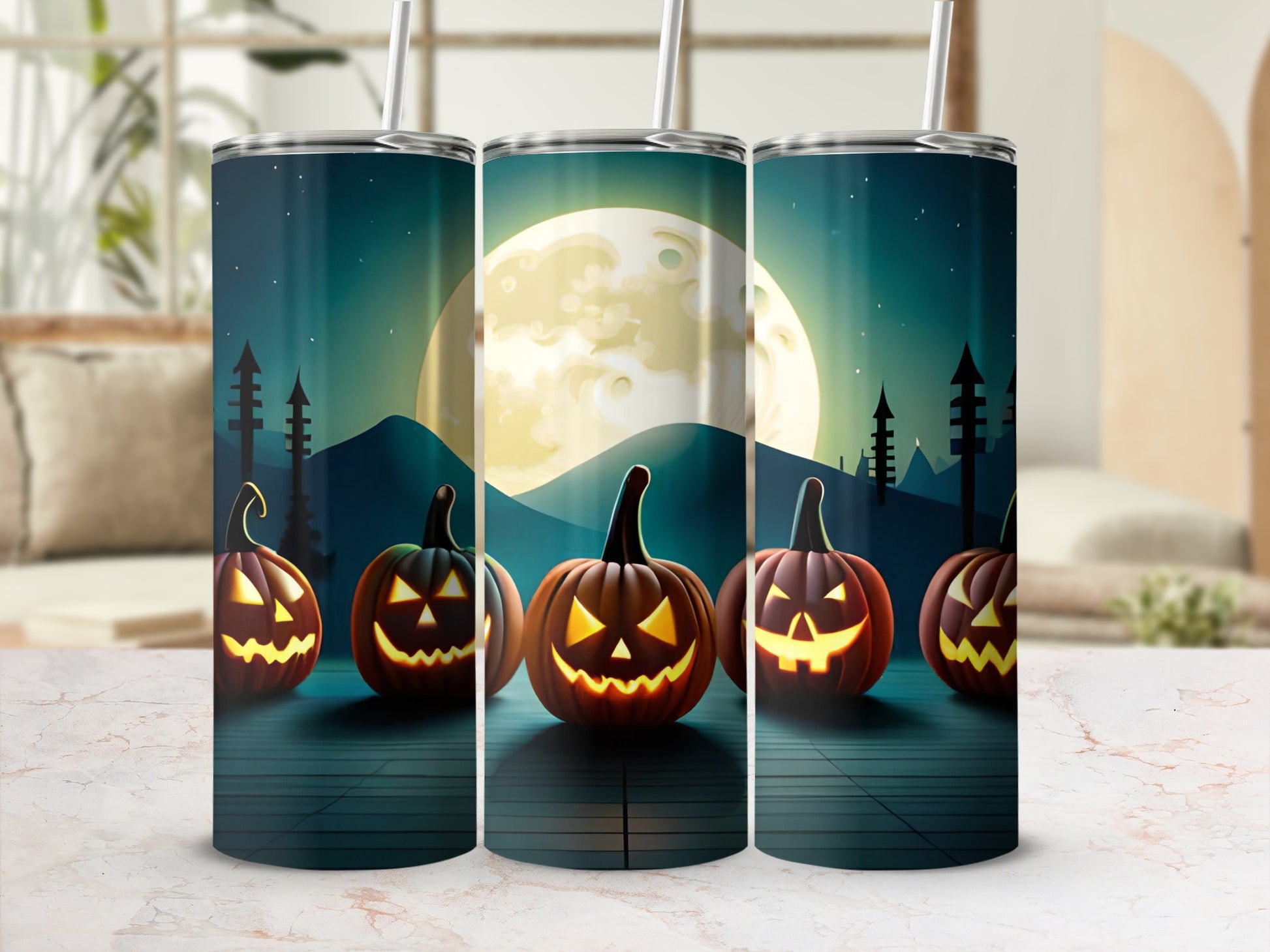 Halloween Pumpkin Design Tumbler with Full Moon Scene