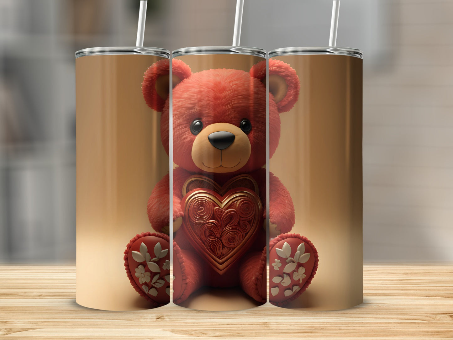 Cute Red Teddy Bear with Heart Design Tumbler
