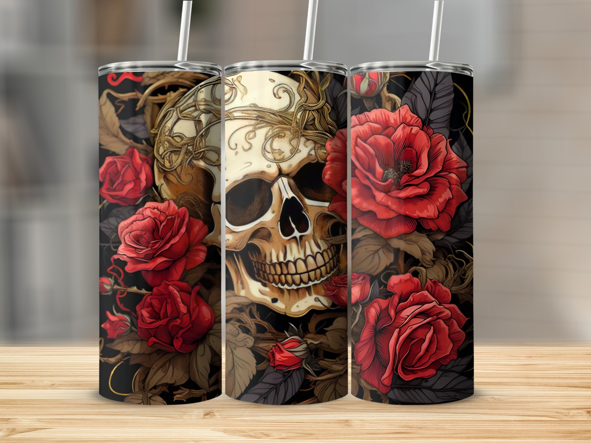 Skull and red roses tumbler with straw on wooden surface.