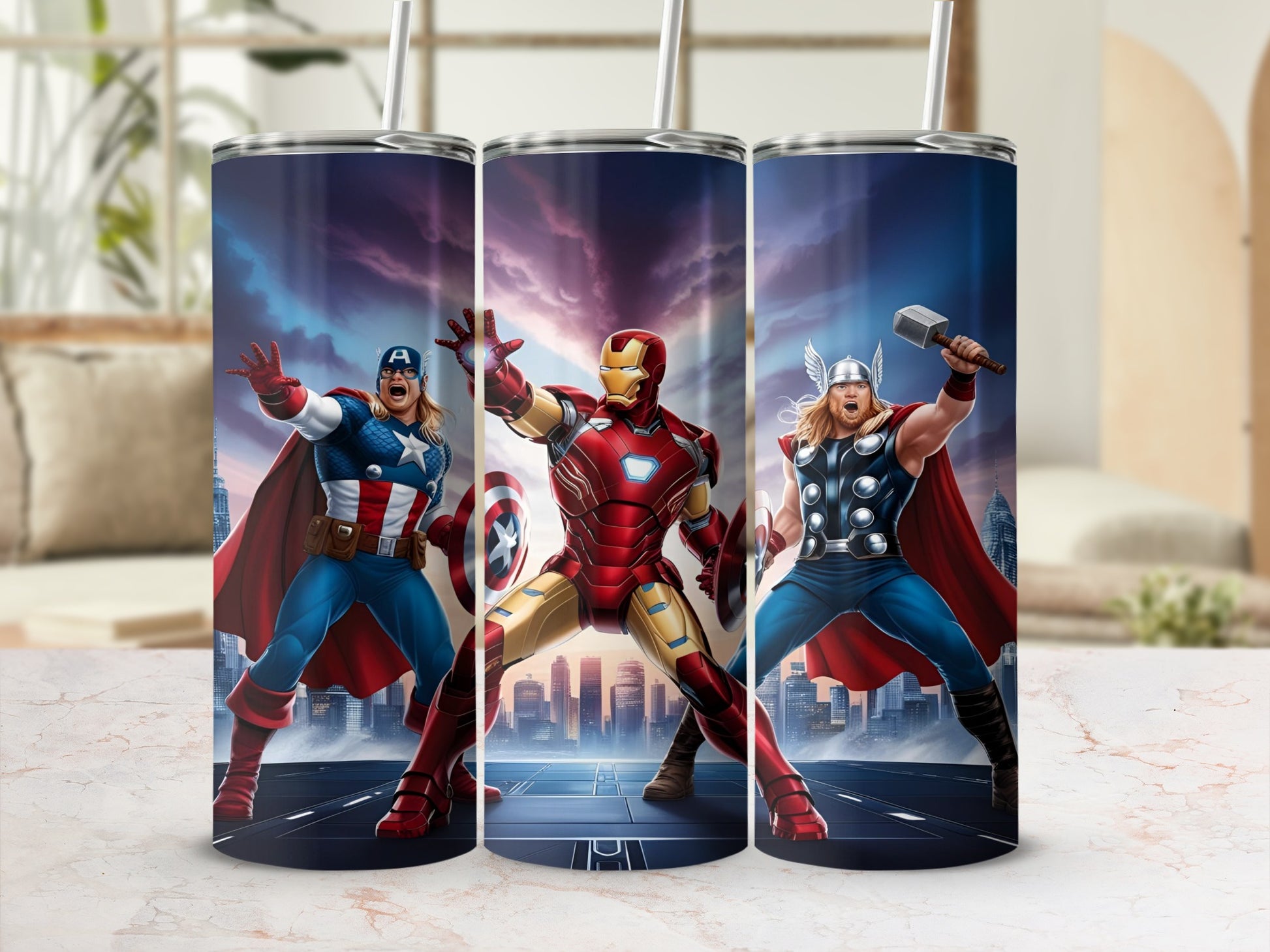 Captain America, Iron Man, and Thor superheroes on a tumbler.