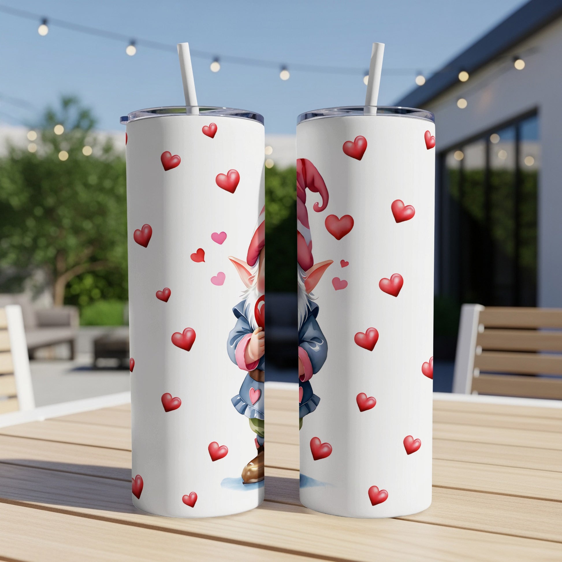 Two tumblers with a Valentine's Day gnome and hearts pattern.