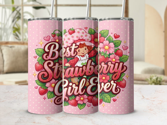 Three pink tumblers with "Best Strawberry Girl Ever" text and strawberry illustrations.