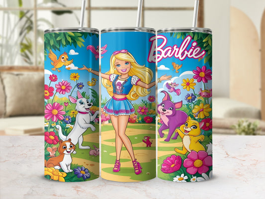 Barbie with cartoon animals and flowers on a tumbler cup.