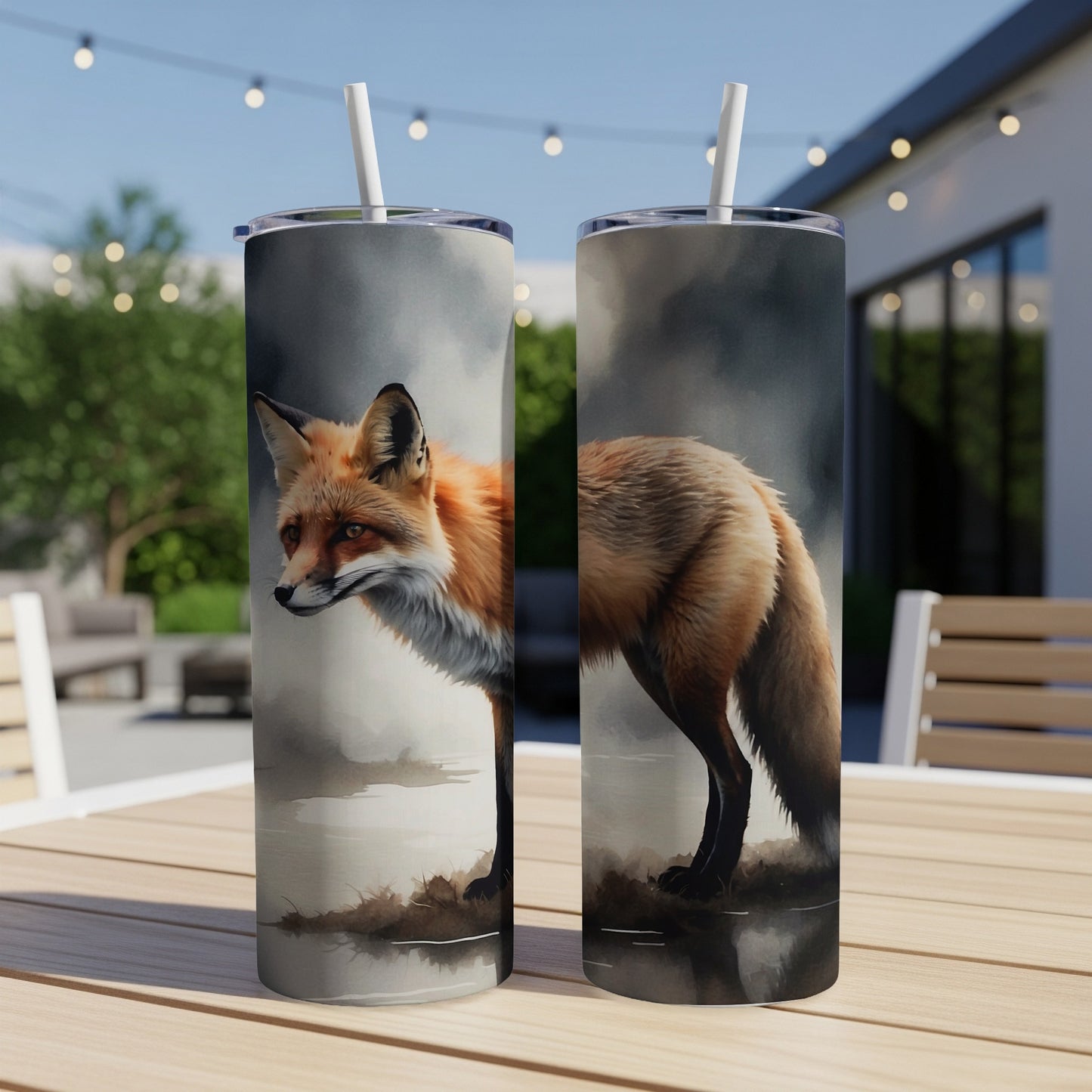 Two tumblers featuring a realistic fox illustration, one with a side profile and one from behind.