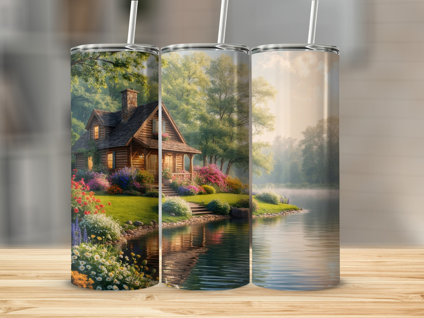Three tumblers with a serene lake and cabin scene.