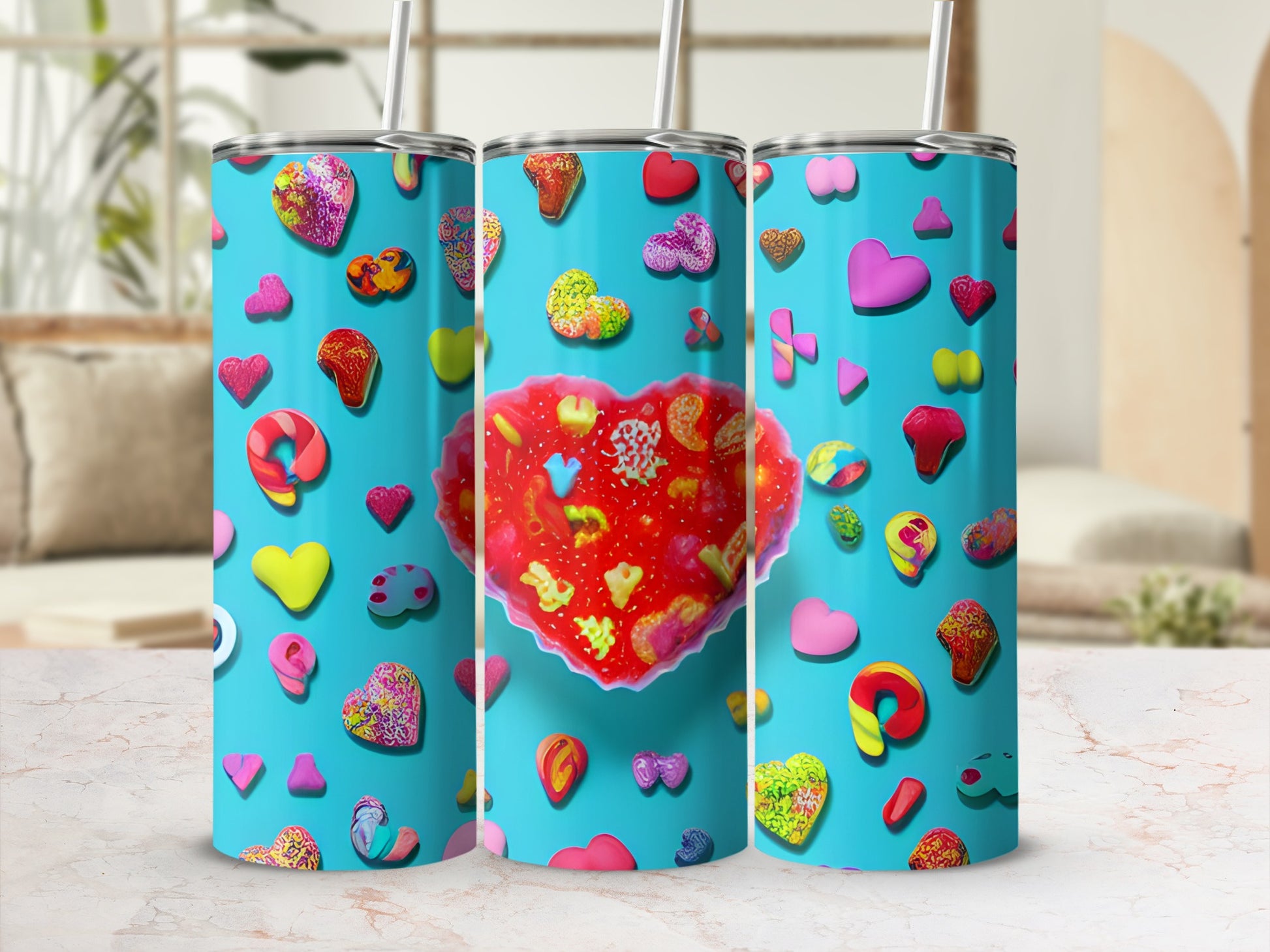Turquoise tumbler with colorful hearts, candies, and sprinkles, featuring a large central heart.