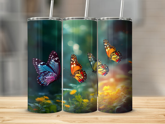 Three tumblers featuring vibrant butterflies and floral background.