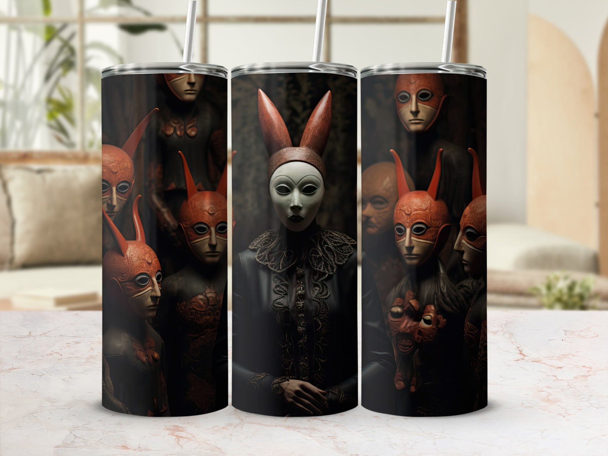 Tumbler design with dark masks, one featuring rabbit ears and elaborate collar.