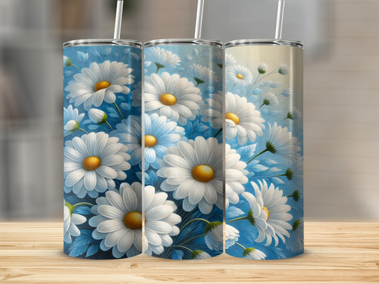 White Daisy Flower Print Blue Background Tumbler