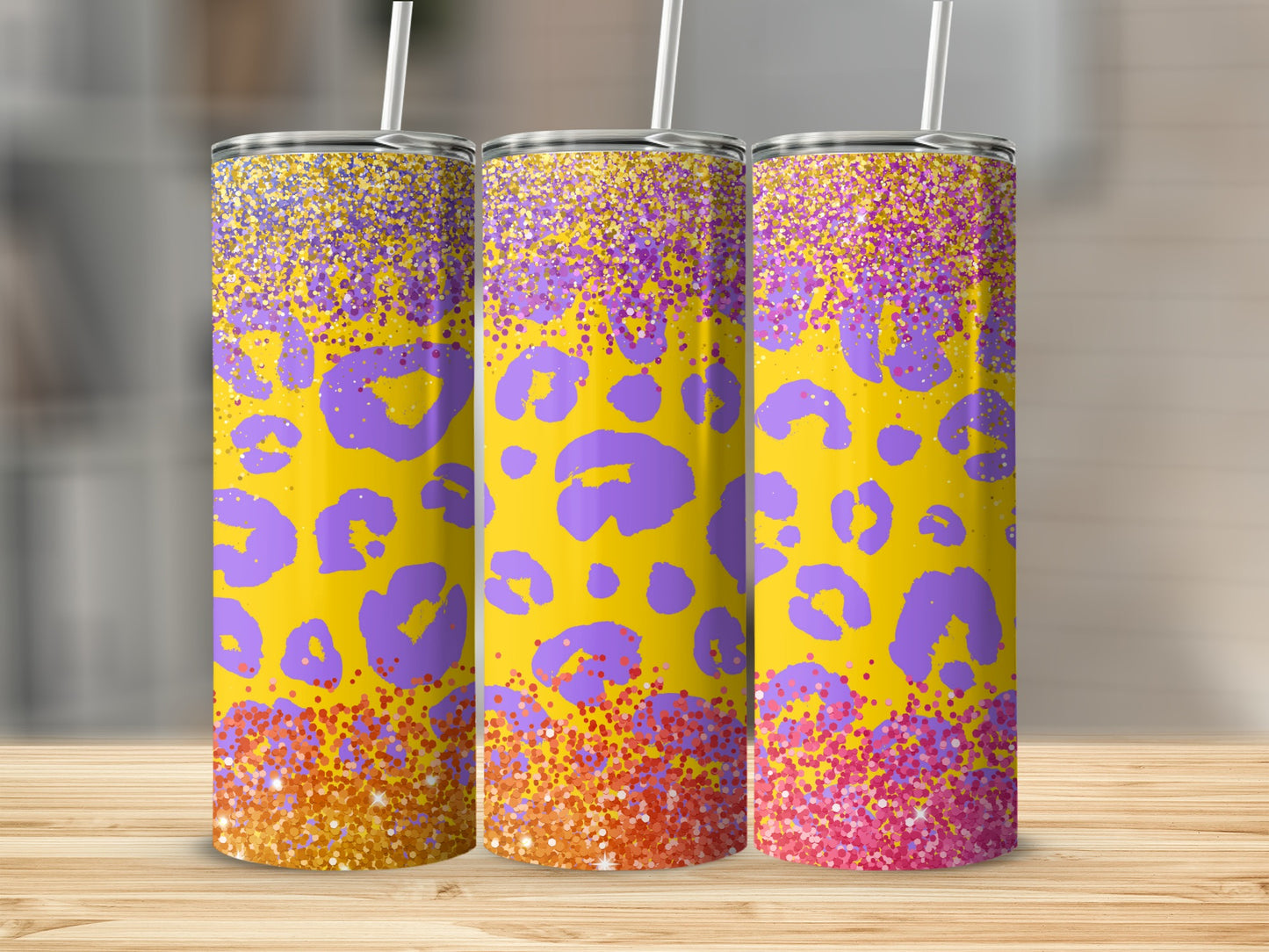 Yellow and Purple Glitter Leopard Print Tumbler