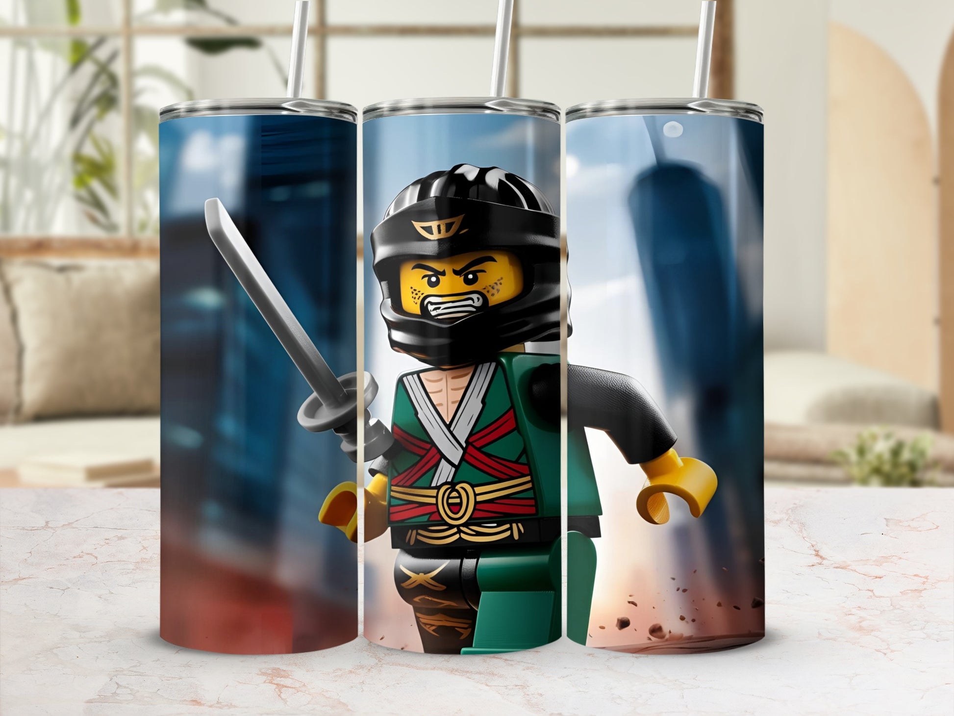 Three tumblers with a Ninjago character design and a city background.