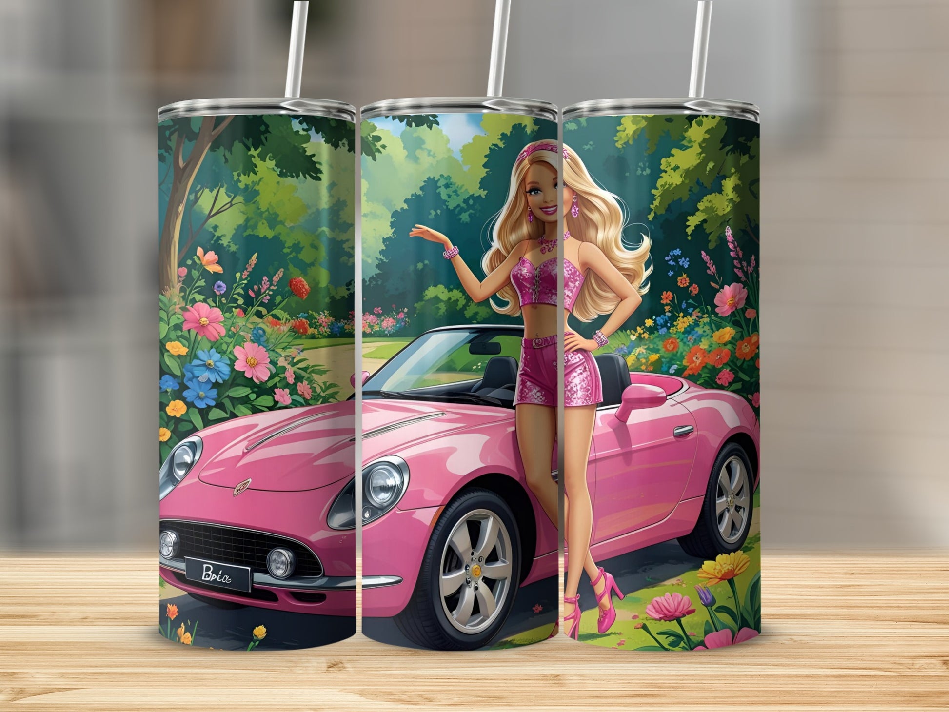 Barbie in pink outfit leaning on a pink convertible car.