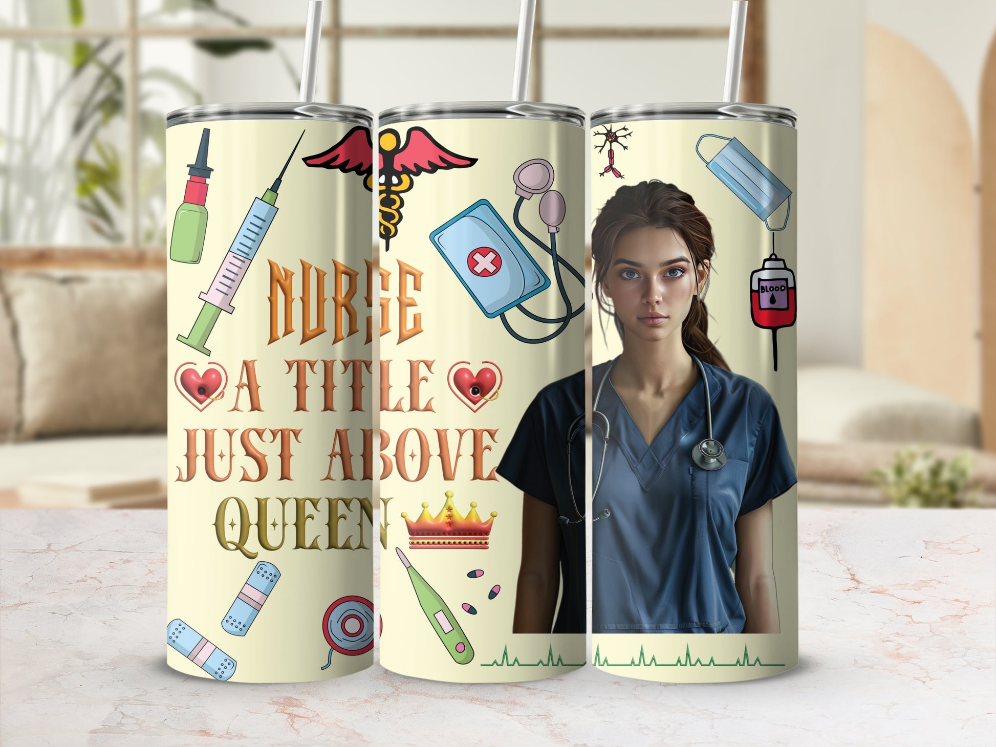 Nurse tumbler with medical icons and a woman in scrubs.