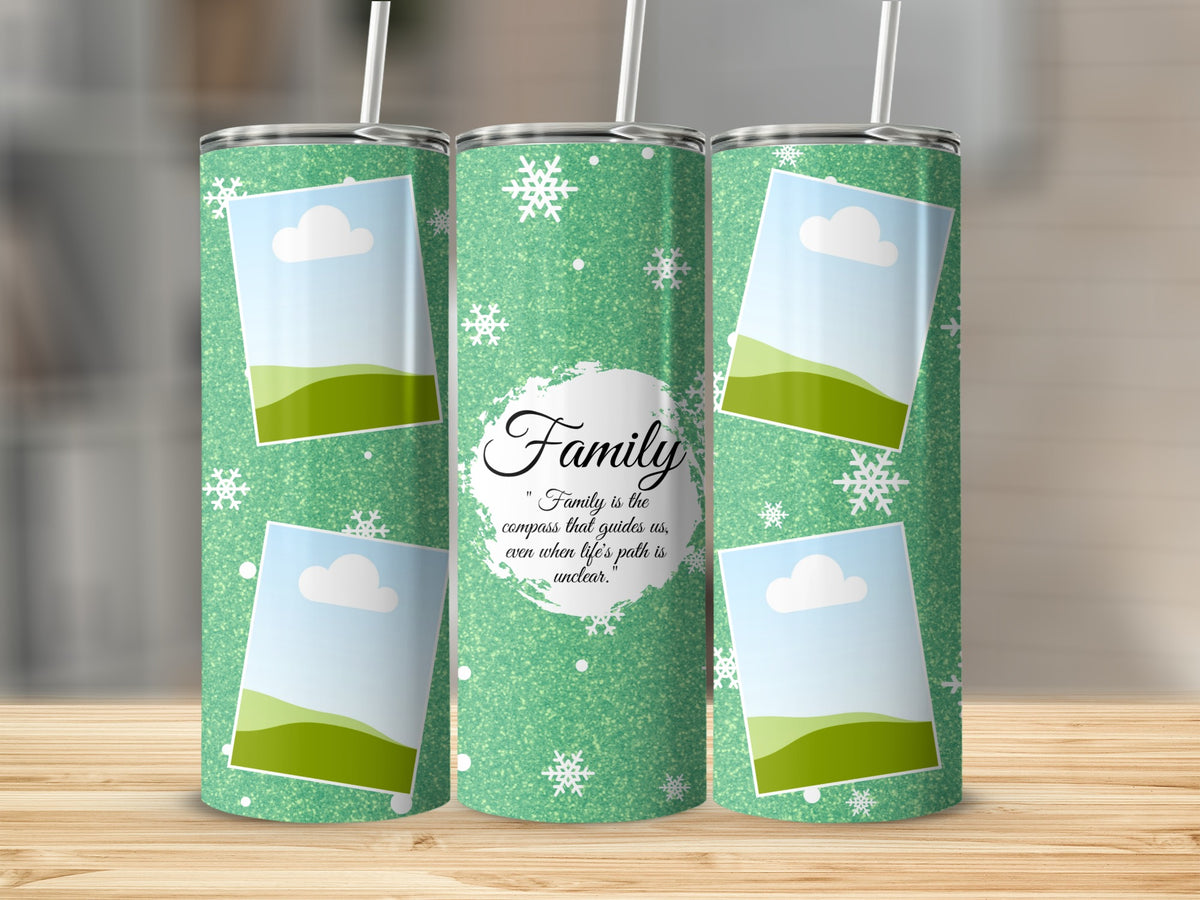 Green glitter tumbler with snowflakes, photo frames, and "Family" quote.