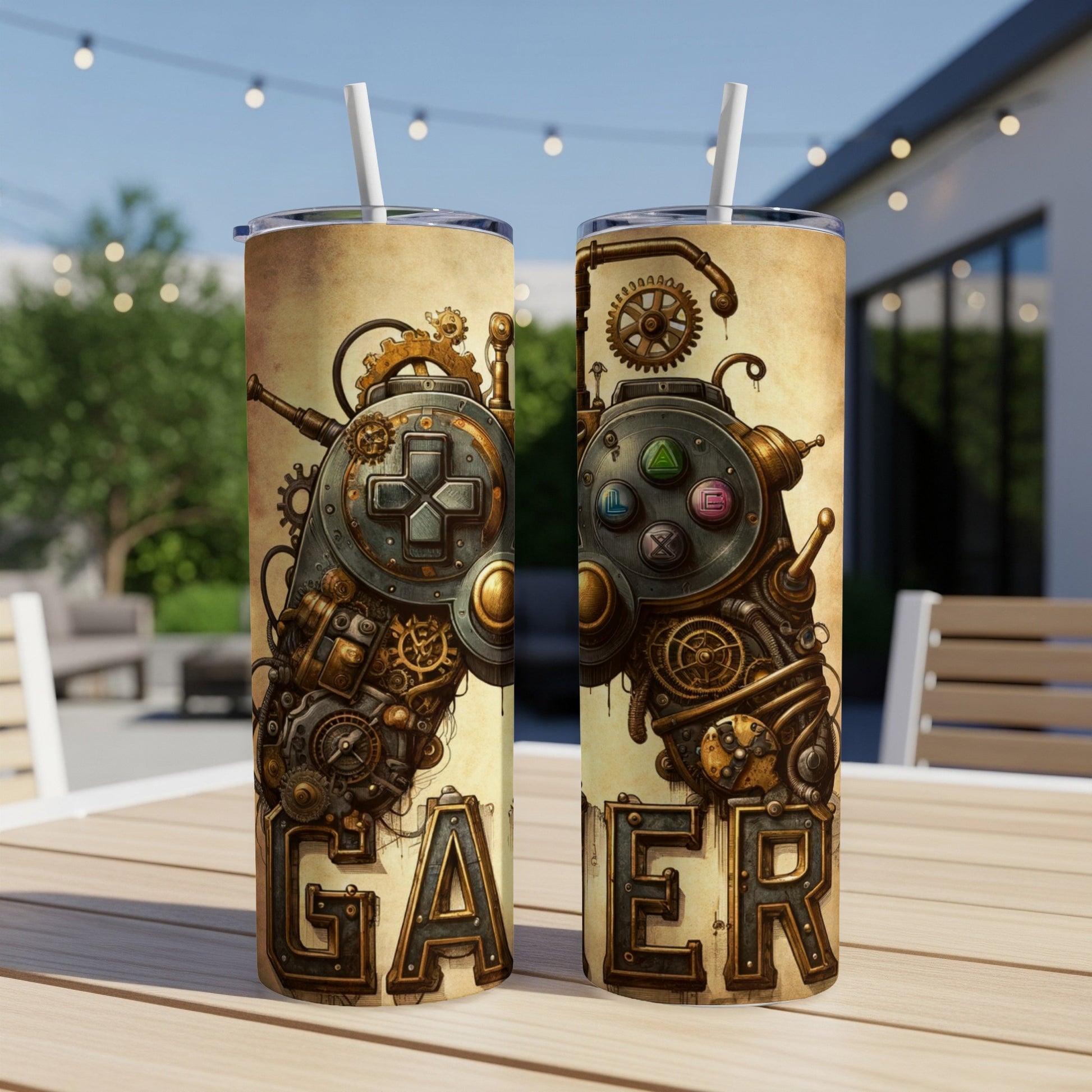 Steampunk-style gaming controller on a rustic tumbler with "GAMER" text.