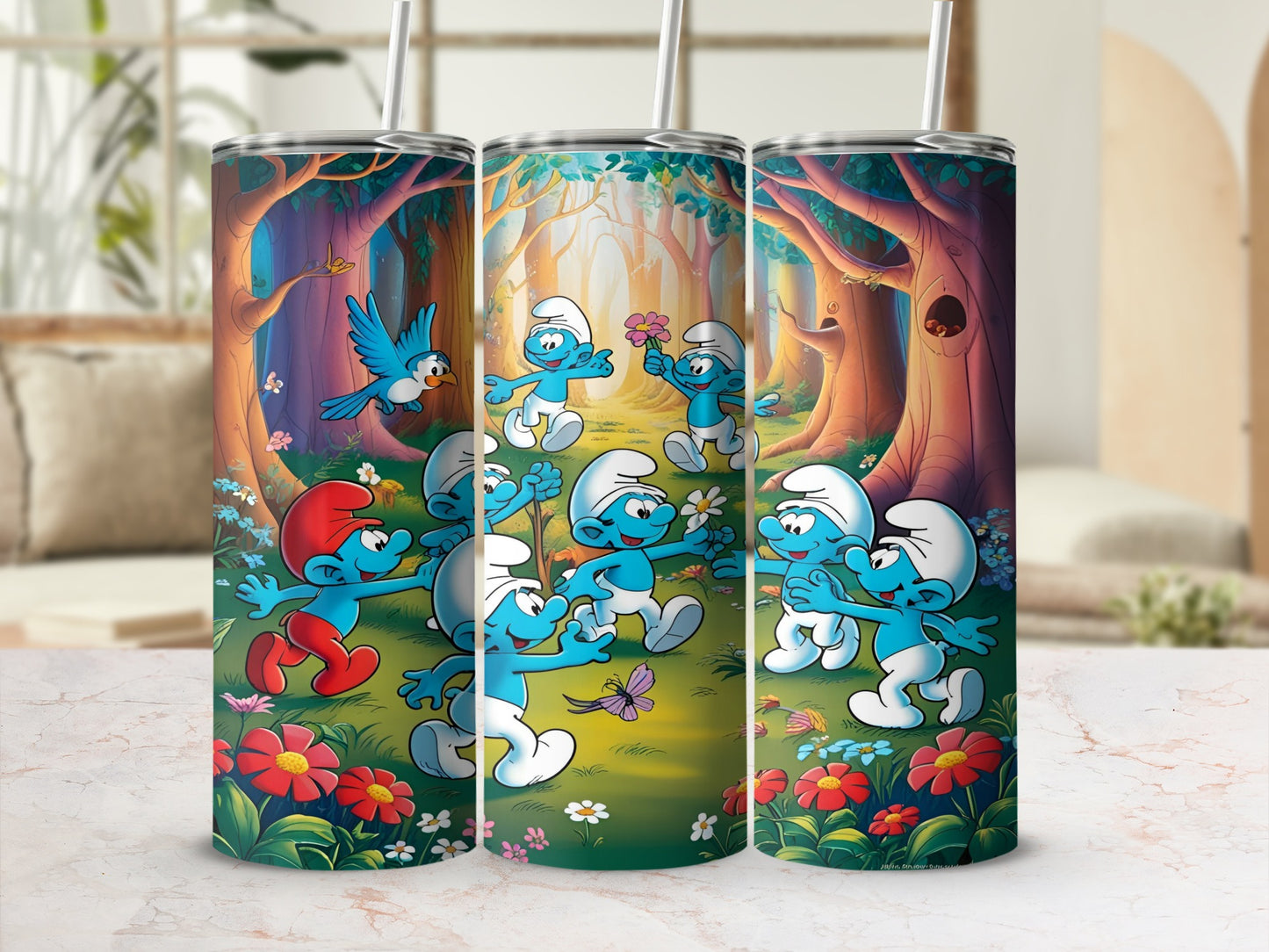 Smurfs in a forest scene with flowers and a bird, holding flowers.