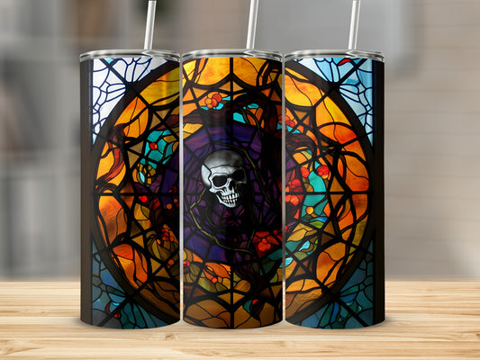 Stained glass tumbler design featuring a skull and floral motif.