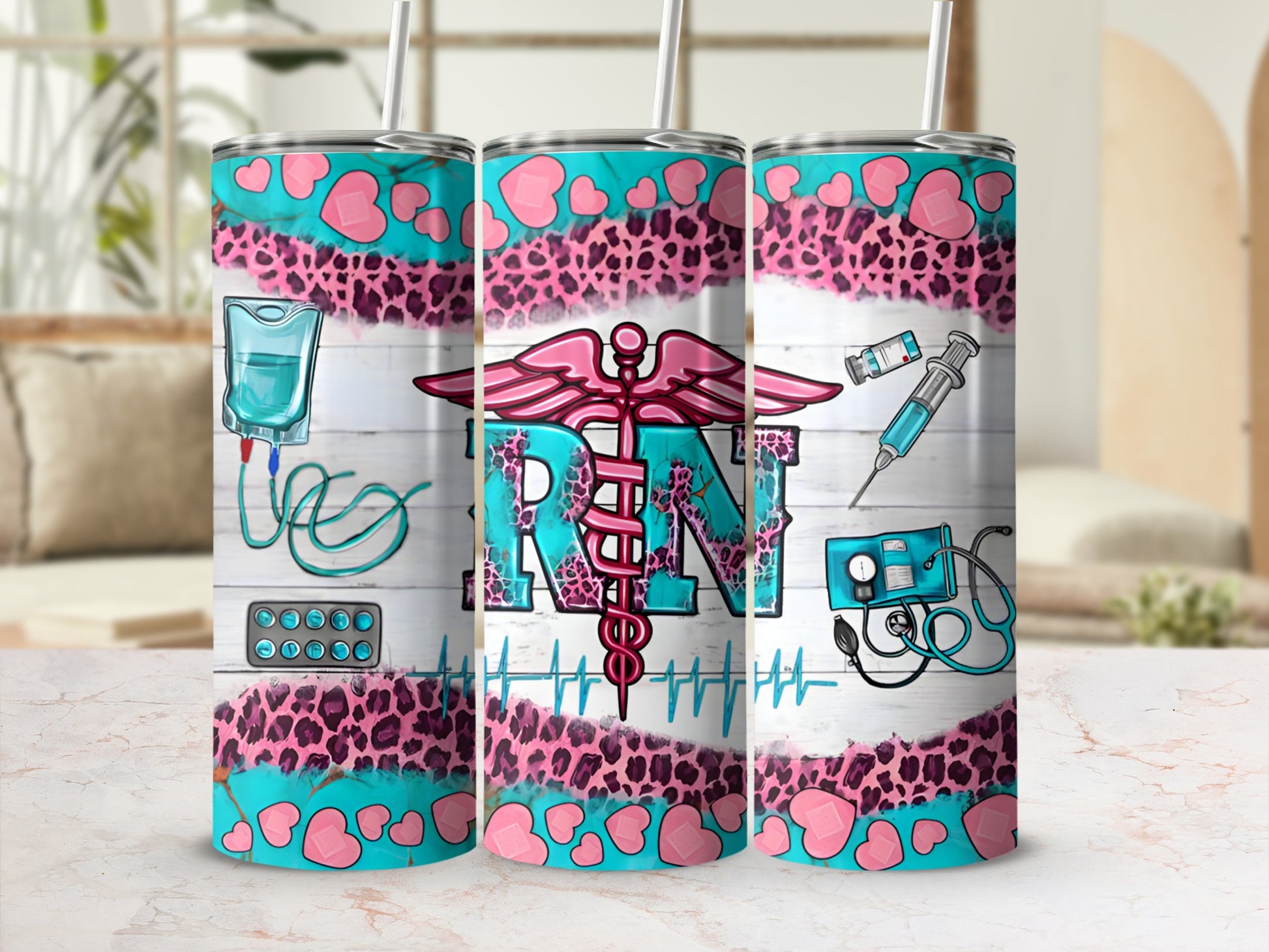 Nurse tumbler with pink leopard print, hearts, stethoscope, and medical symbols.