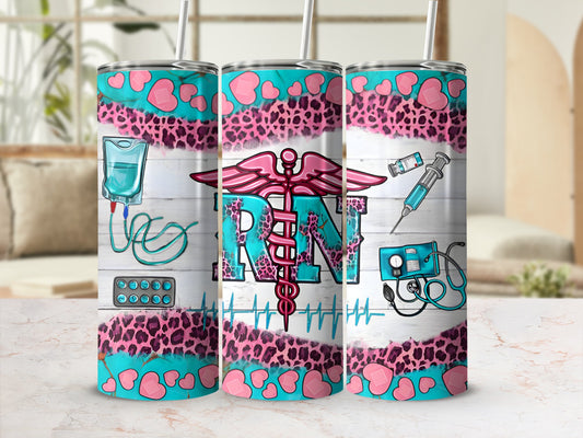 Nurse tumbler with pink leopard print, hearts, stethoscope, and medical symbols.