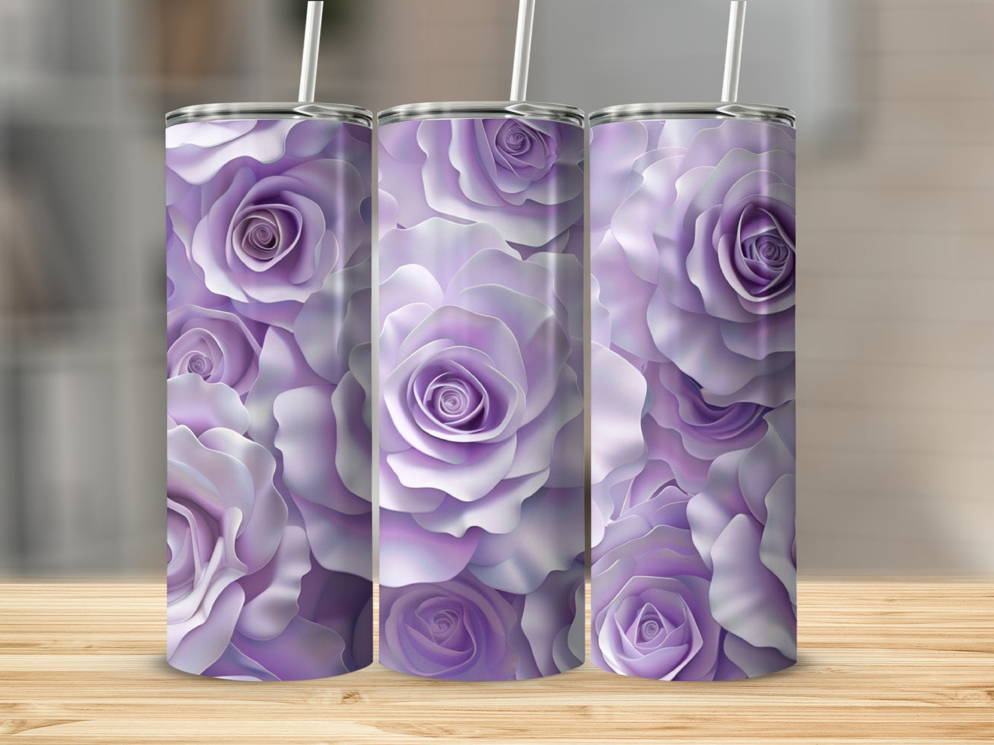 Three tall purple rose patterned tumblers on a wooden surface.
