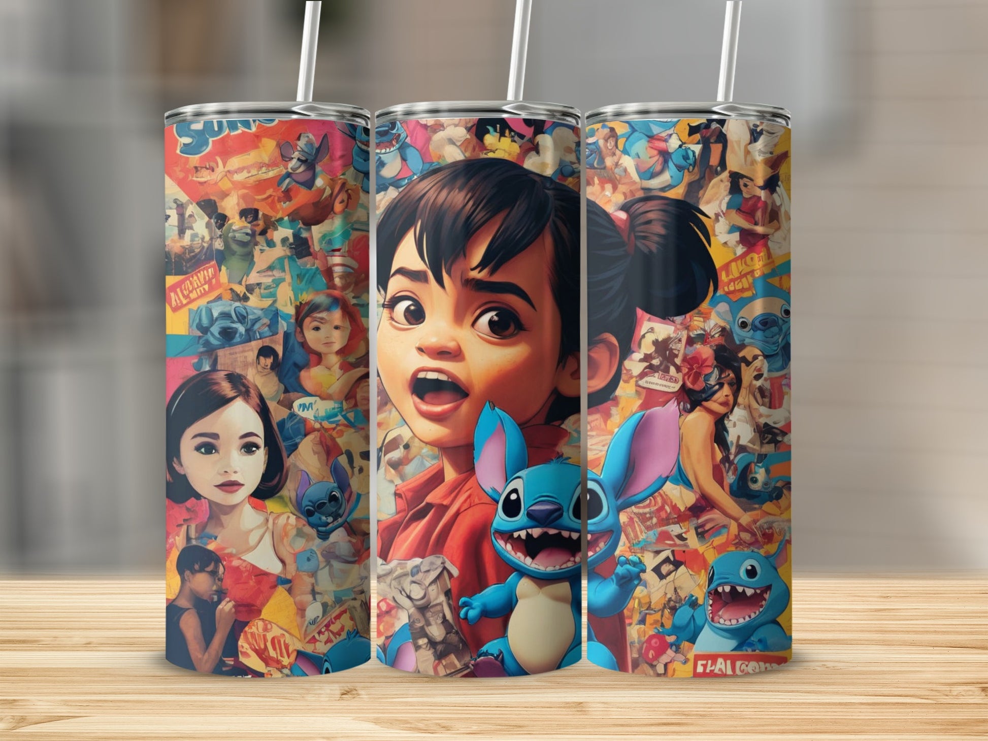 Triptych of tumblers featuring a young girl and Stitch against a collage of colorful movie posters.