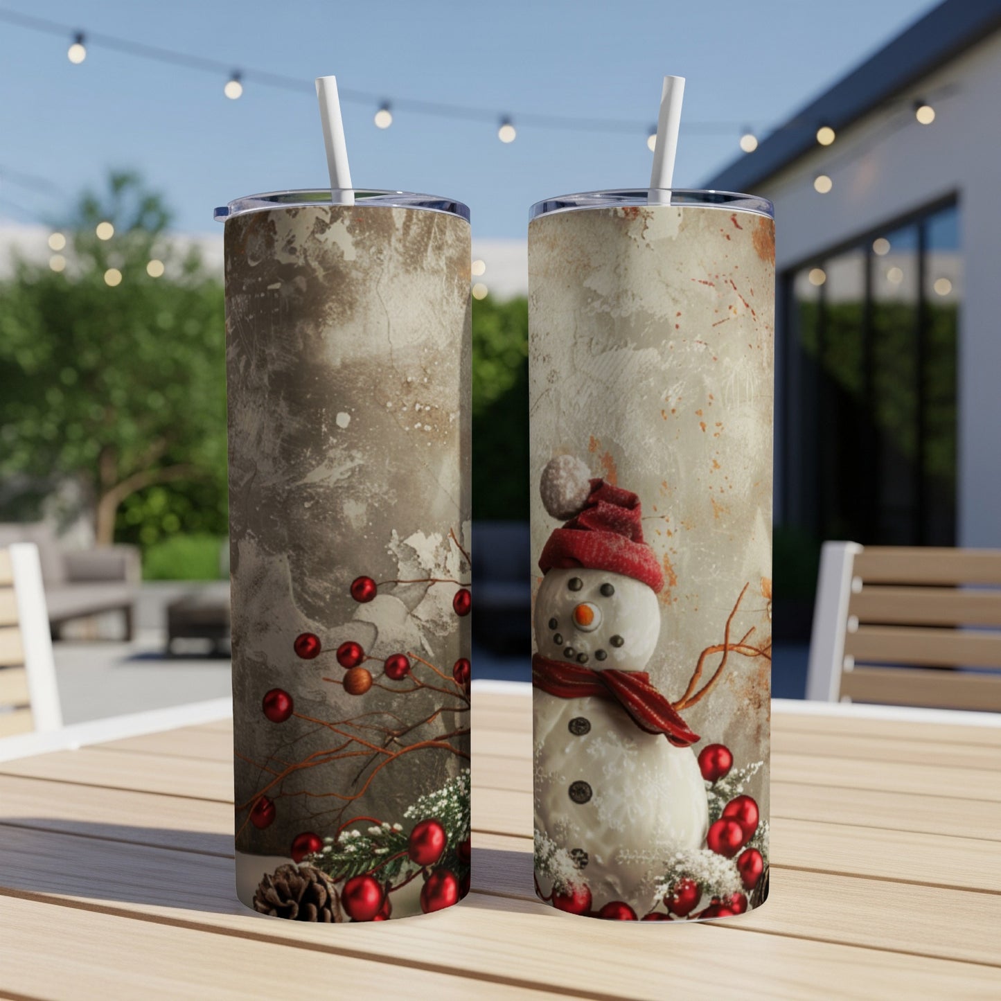 Two tumblers with a snowman design and Christmas berries on a wooden table.