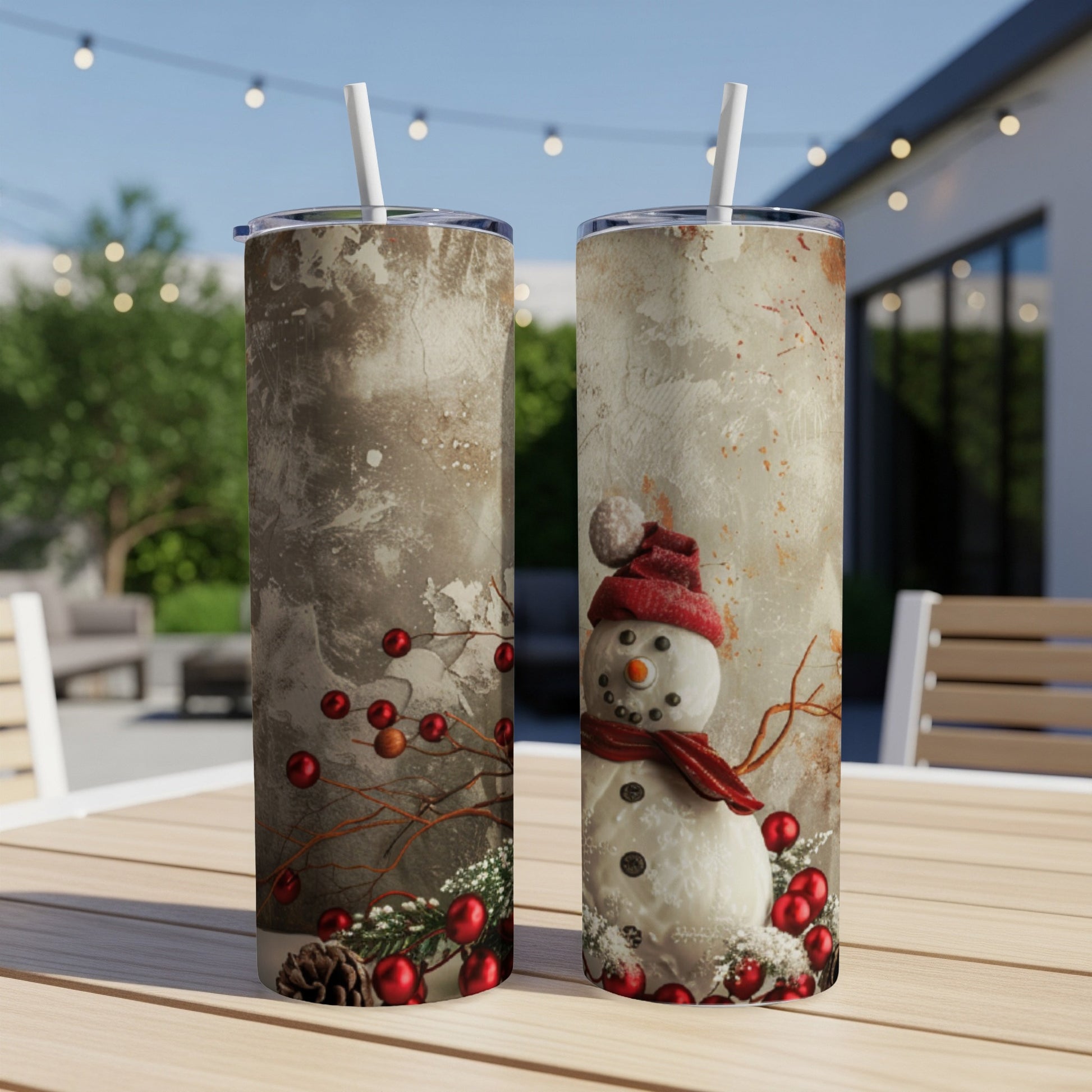 Two tumblers with a snowman design and Christmas berries on a wooden table.