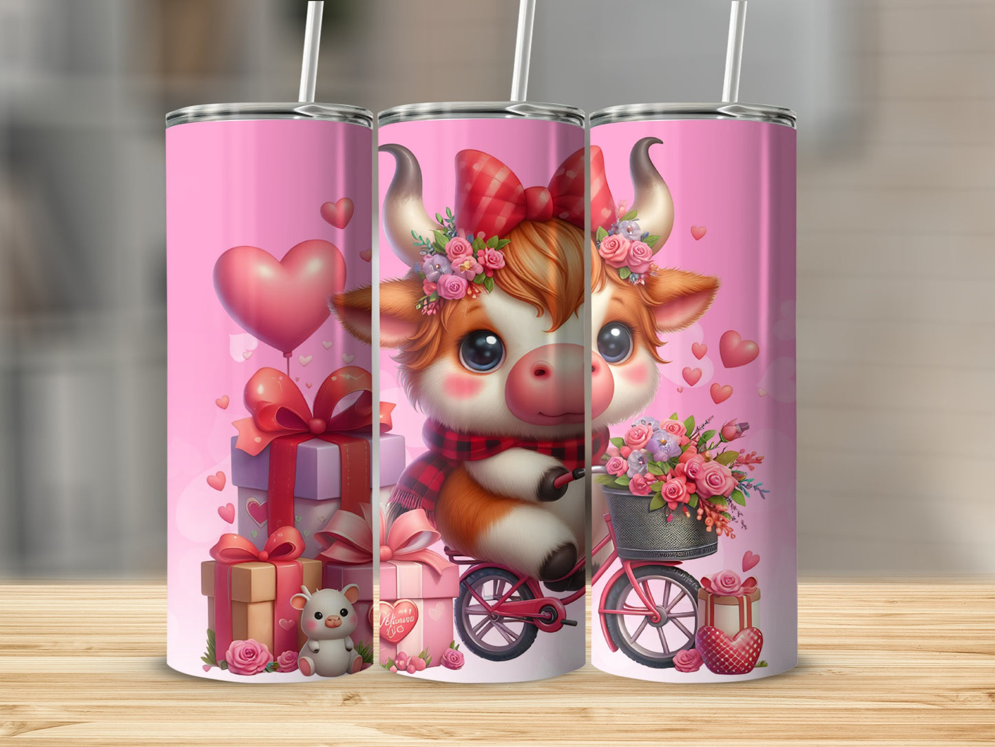 Cute Cow on Bicycle with Gifts and Hearts Tumbler