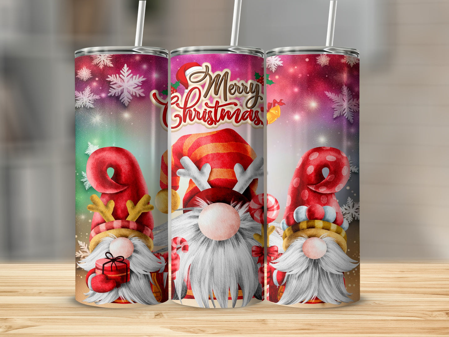 Three Christmas gnomes with gifts and candy canes on colorful backgrounds.