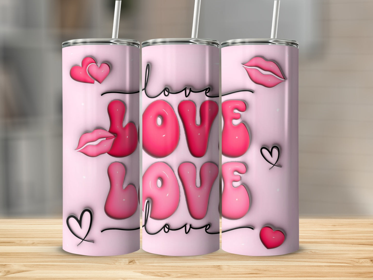 Love Love Love Pink Hearts and Lips Tumbler