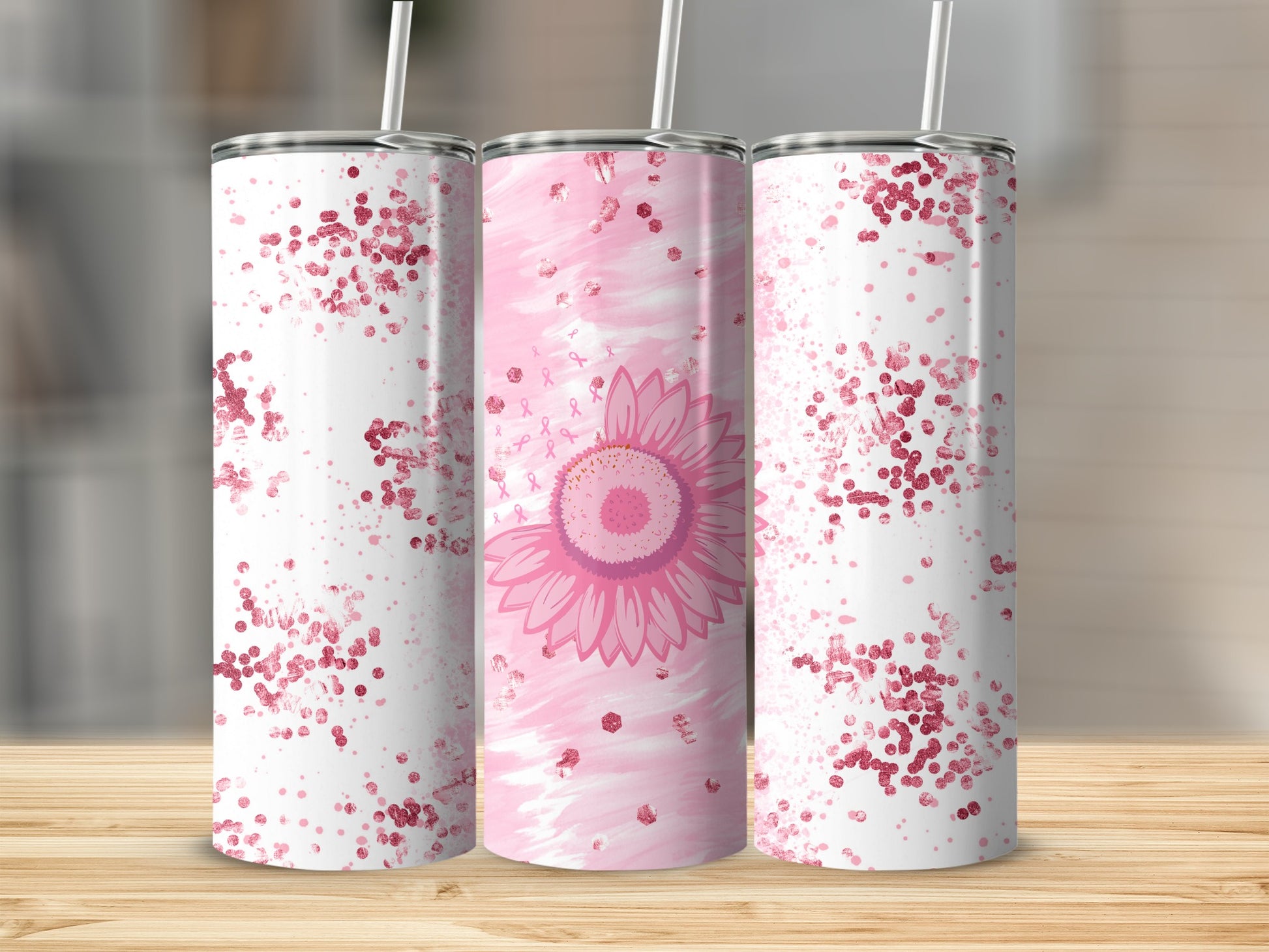 Pink glitter and watercolor sunflower with ribbon on skinny tumbler.