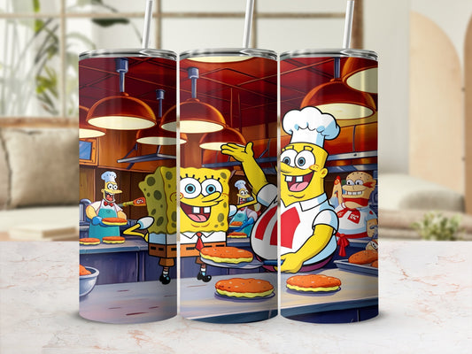 SpongeBob SquarePants characters cooking Krabby Patties in kitchen.