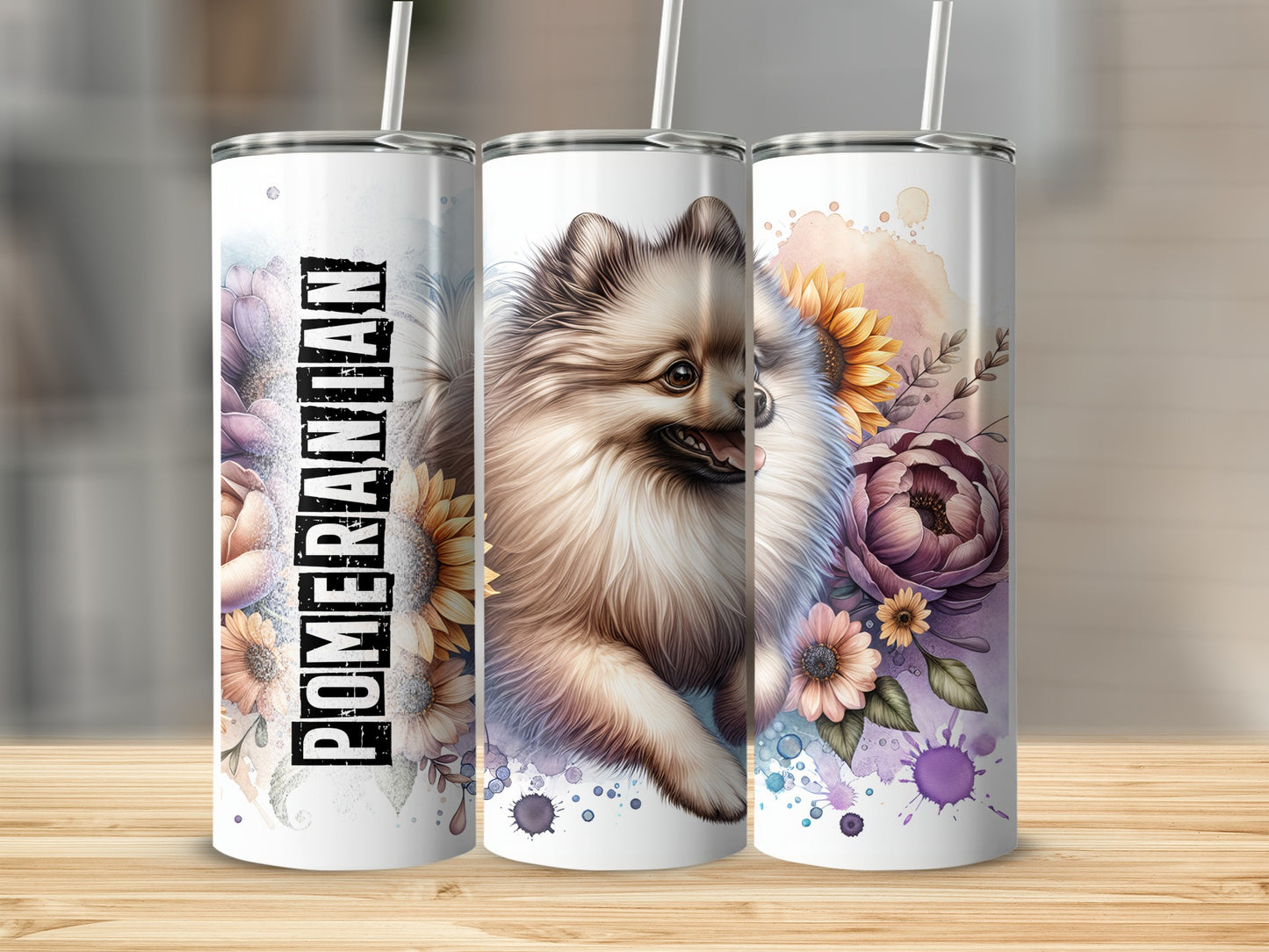 Three tumblers with Pomeranian dog and floral watercolor designs.