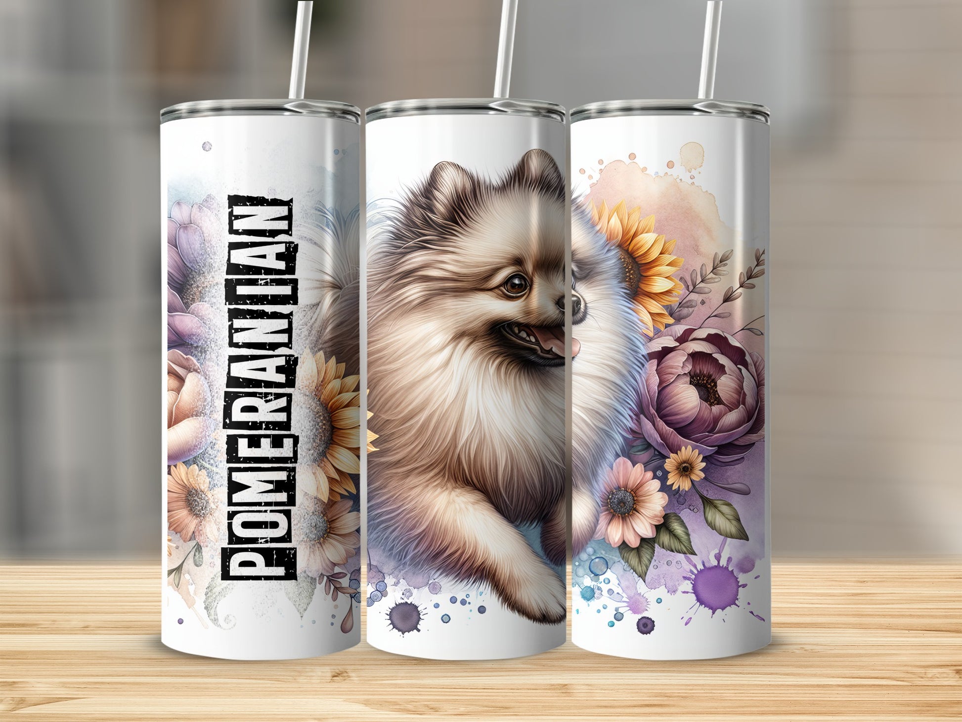 Three tumblers with Pomeranian dog and floral watercolor designs.