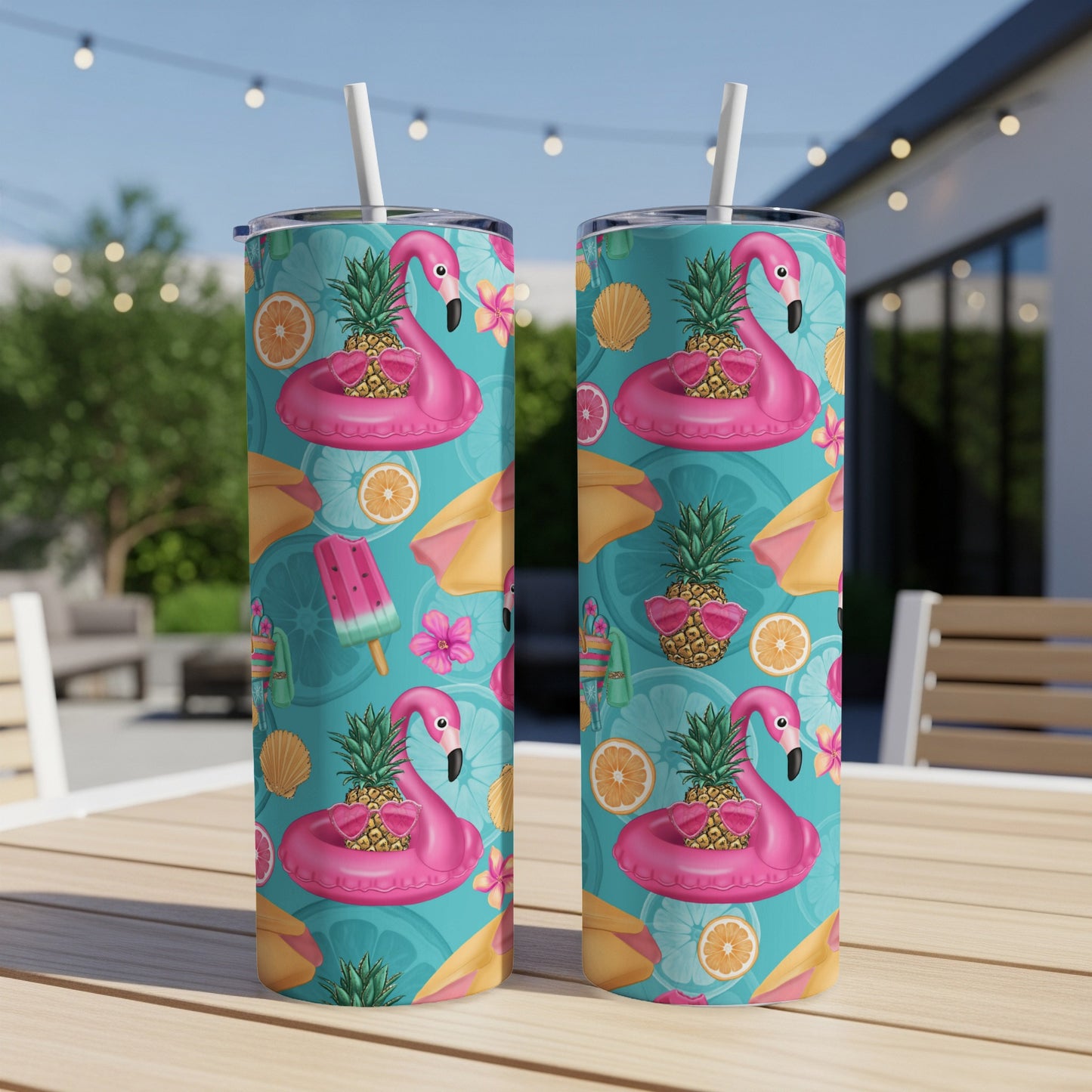 Two tumblers with a tropical flamingo, pineapple, and citrus pattern.
