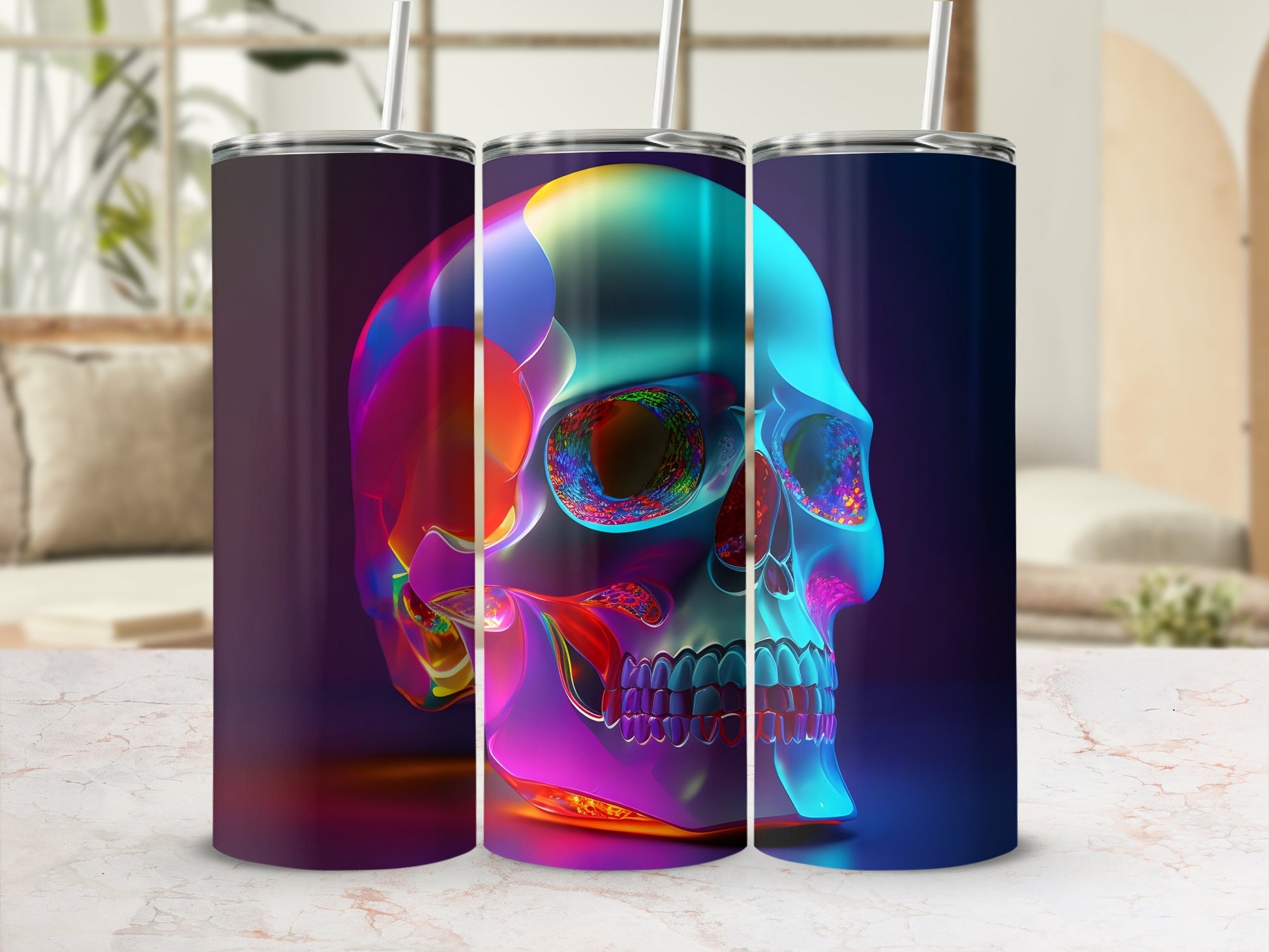 Colorful iridescent skull tumbler with straw.