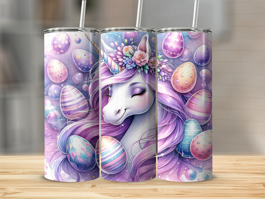 Unicorn with Easter eggs and floral crown on a tumbler.