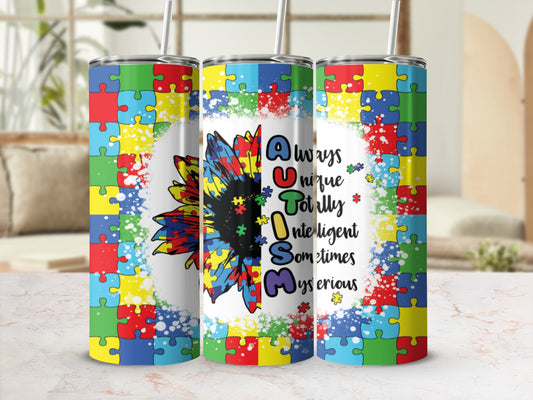Autism puzzle pieces and sunflower with "Always unique totally intelligent mysterious" text.