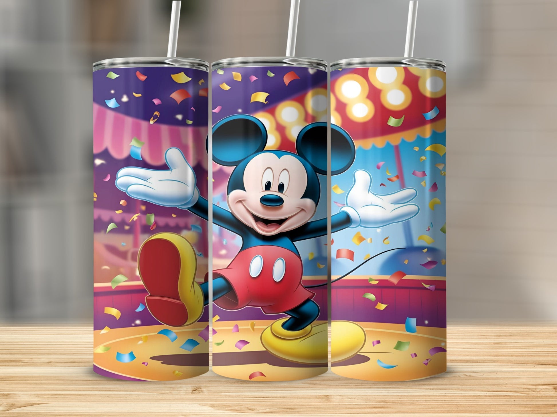 Mickey Mouse in colorful circus attire with confetti and balloons.