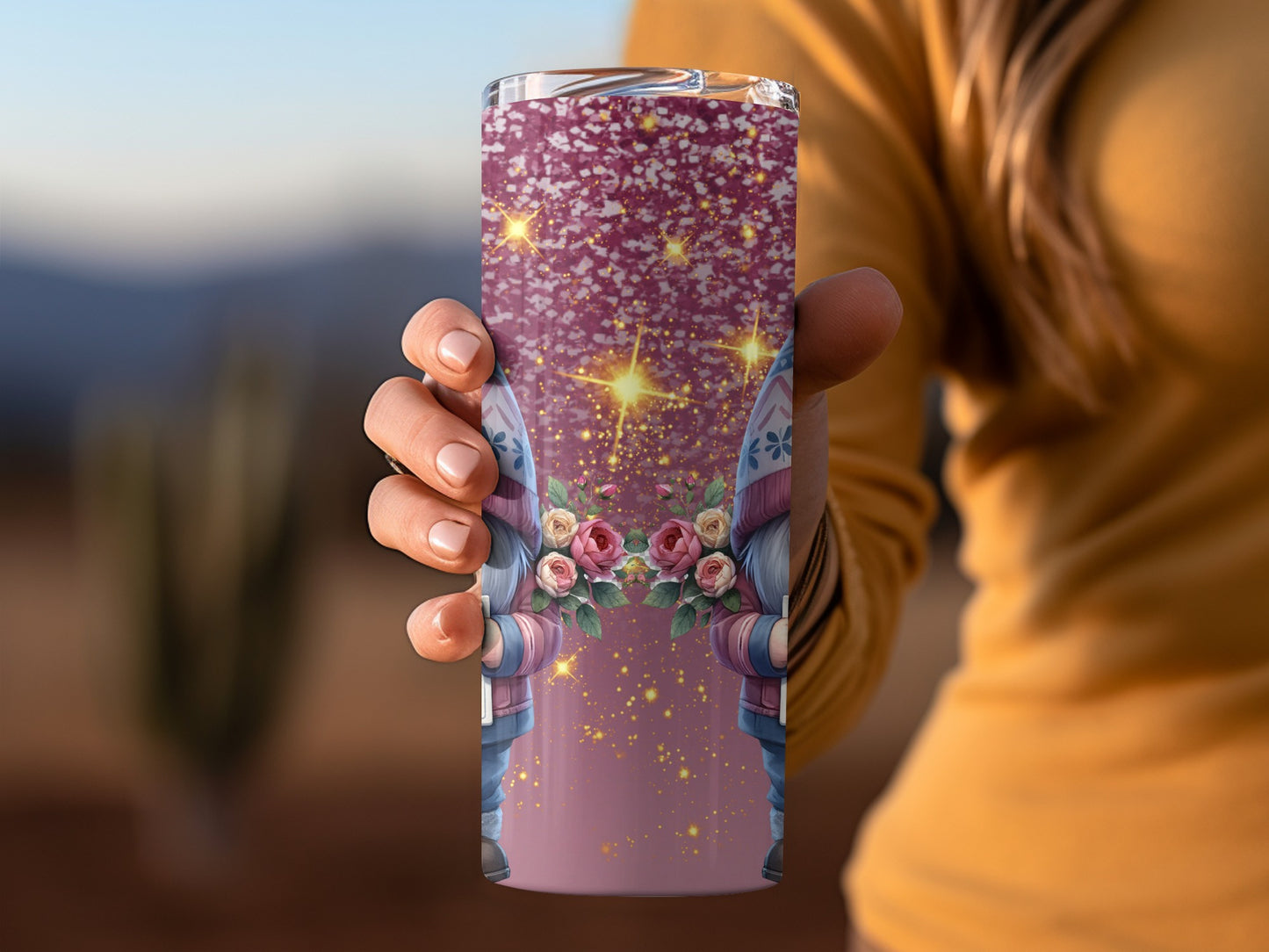 Sparkling Floral Gnome Design Tumbler for Hot and Cold Drinks