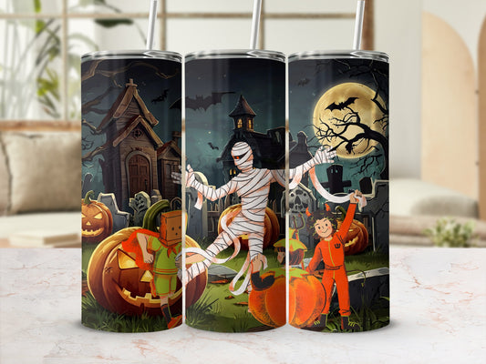 Halloween tumbler featuring spooky graveyard scene with kids in costumes and pumpkins.