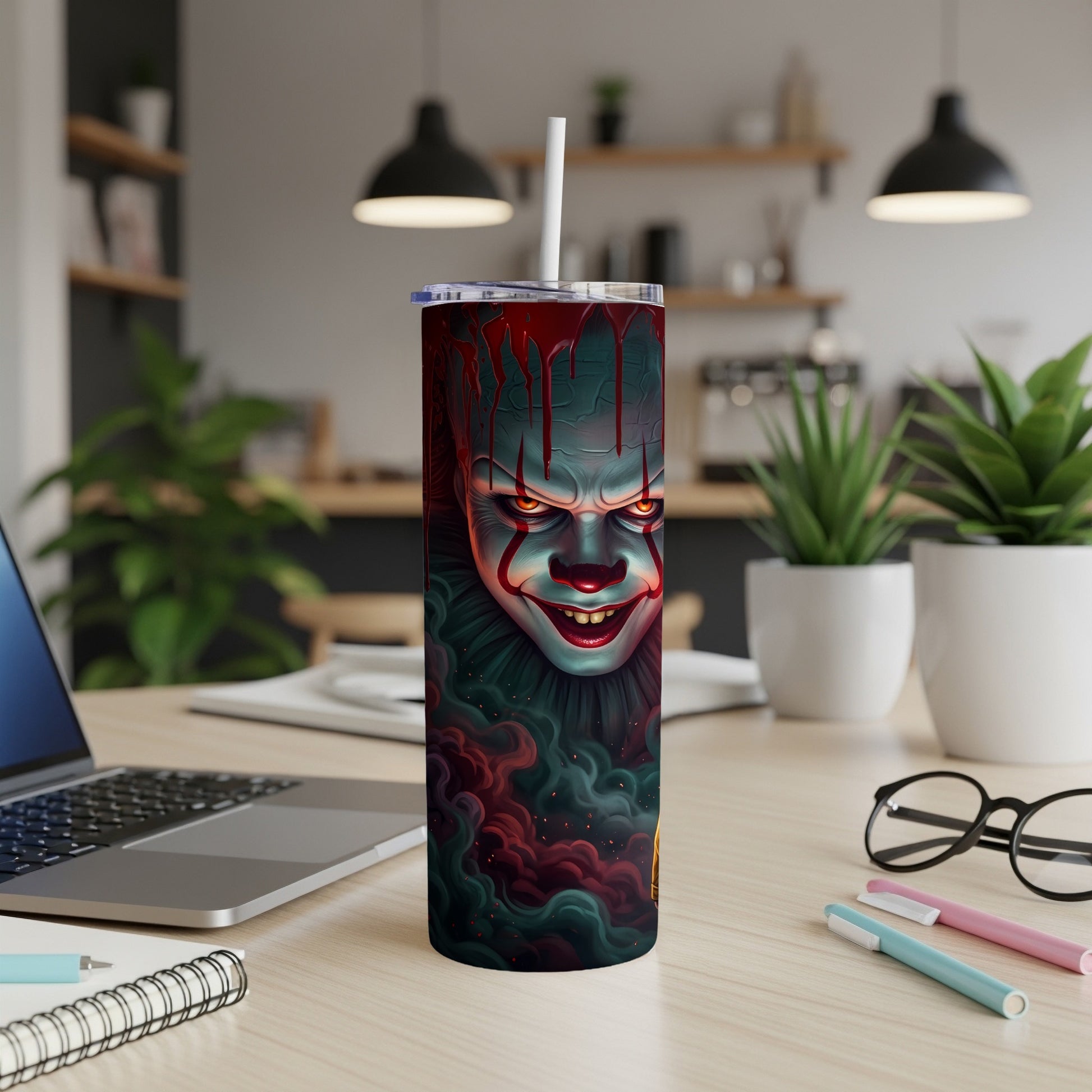 Tumbler with creepy clown face, red blood drips, and swirling smoke design.